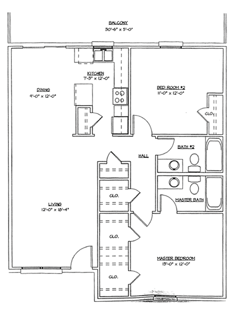 Floor plan for 2 beds, 2 baths, 1052 sqft